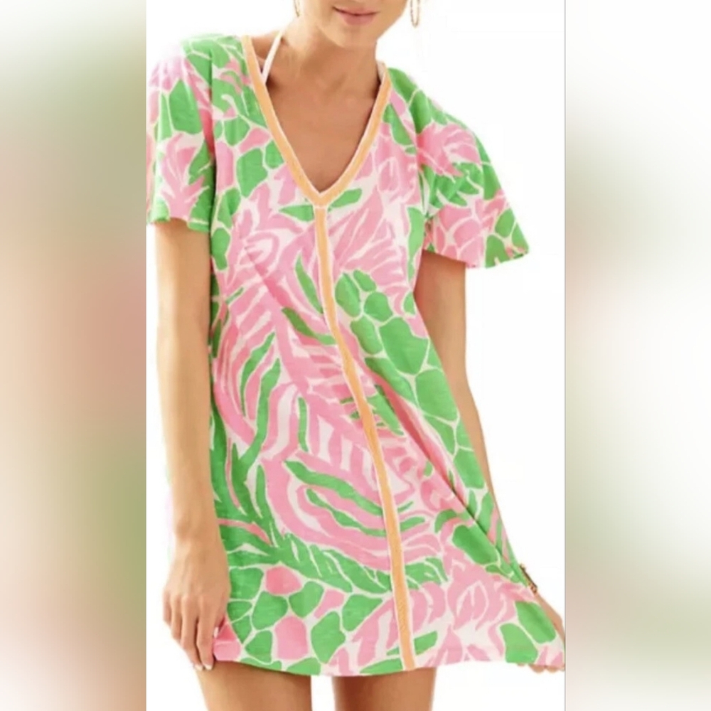 Lilly Pulitzer Bonita Cover Up Dress Tunic V- Neck  Pink Green Size S